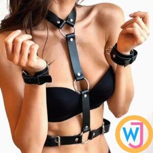 Festival Rave Black 3pcs/set Ring Linked Waistband & Handcuffs Harness BDSM Set