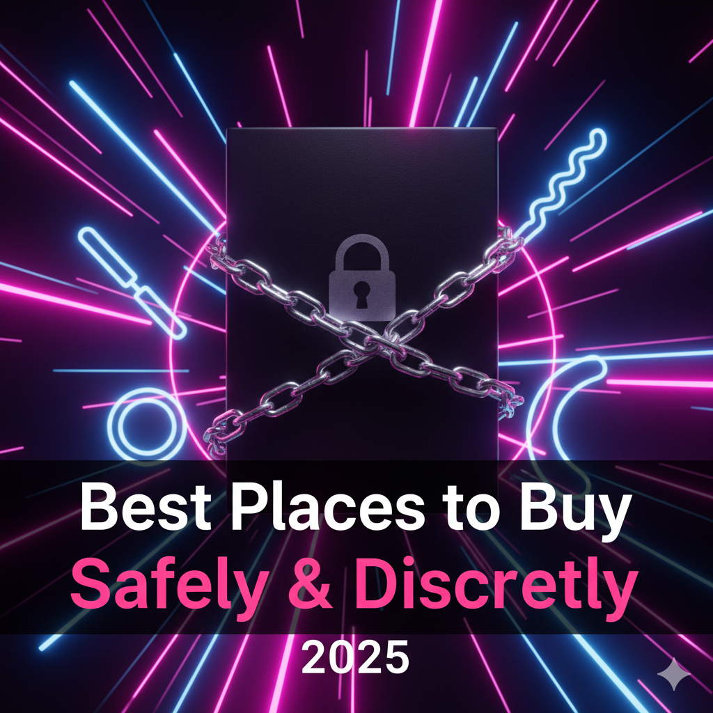 a bold and eye-catching feature image for a blog titled “Best Places to Buy Sex Toys Safely and Discreetly in 2025”. The image should have a modern clickbait thumbnail style: - Bright contrasting background (neon pink, purple, or deep black with glowing accents). - A mysterious closed box or shopping bag with a lock icon on it, symbolizing "discreet & safe". - Around the box, include minimal glowing silhouettes of generic toy shapes (abstract, not explicit). - Large bold text overlay: “Best Places to Buy in 2025” (highlight “Safely & Discreetly”). - Clean, minimal, modern typography. - Style: Professional, high-quality, sharp, attractive, YouTube-thumbnail style. - Aspect ratio: 16:9 for blog thumbnail.